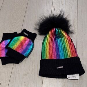 Colorful Striped Beanie and Mittens Set